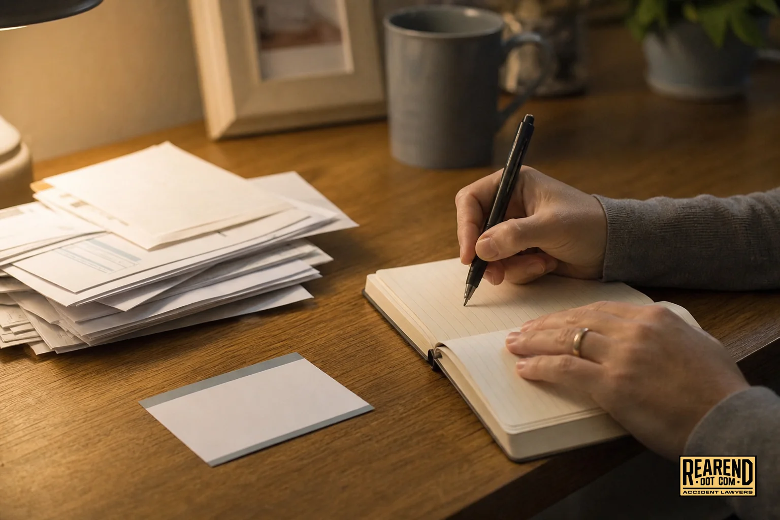 A close-up of someone writing in a symptom journal next to medical paperwork and pill bottle. Photorealistic close-up photo of hands writing in a small notebook journal on a wooden desk, next to a stack of medical bill papers and an