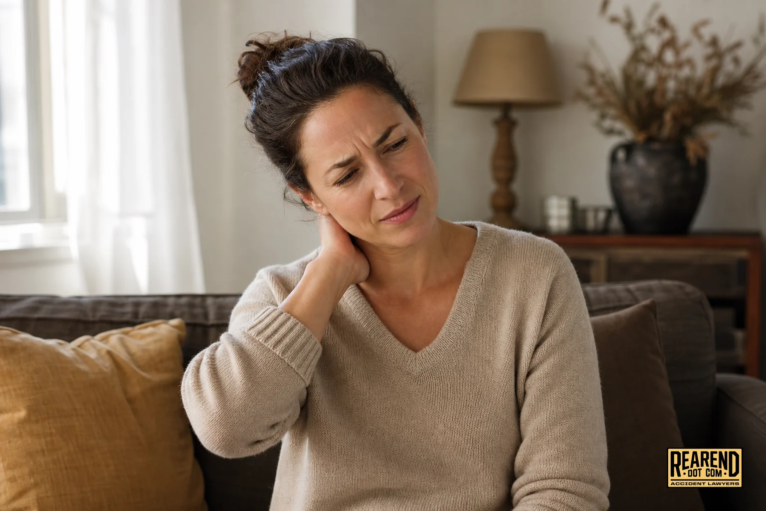 Photorealistic photo of a woman in her 30s sitting on a couch at home, one hand gently touching the back of her neck with a discomforted expression, soft natural window light, warm neutral interior tones incorporating muted gold #e0c08f and