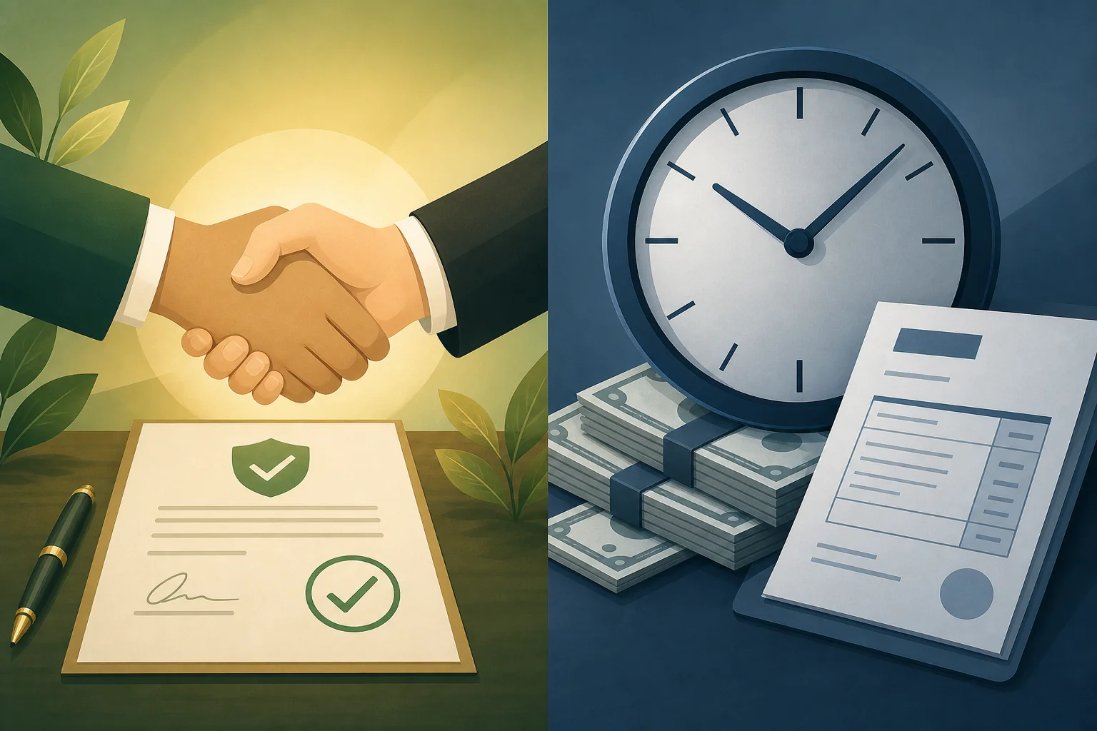 Split comparison of contingency fee handshake versus hourly billing clock and dollar bills for Los Angeles accident attorney costs