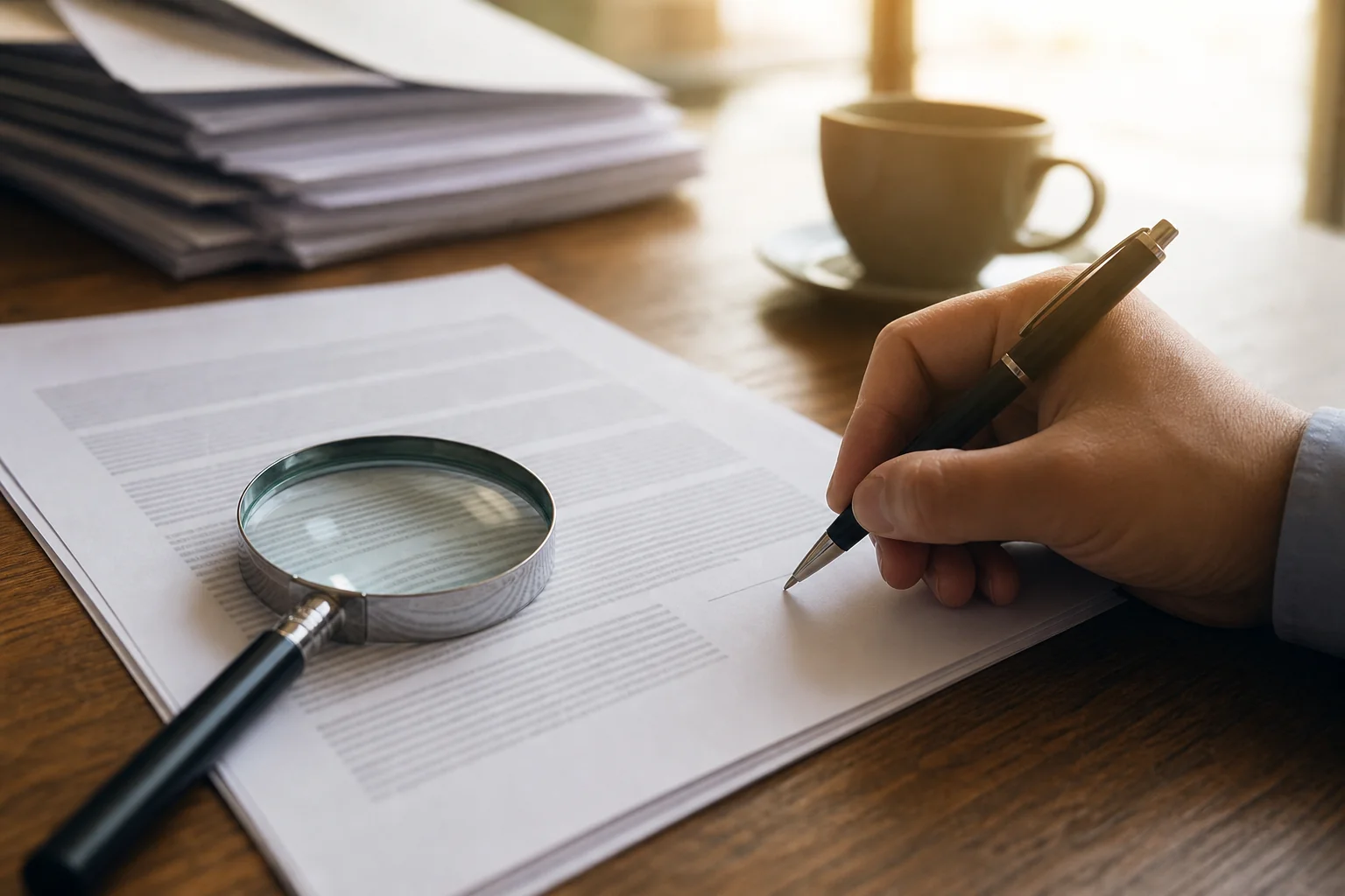 Close-up of a legal fee agreement document being reviewed with a magnifying glass, representing careful review of attorney fee agreements