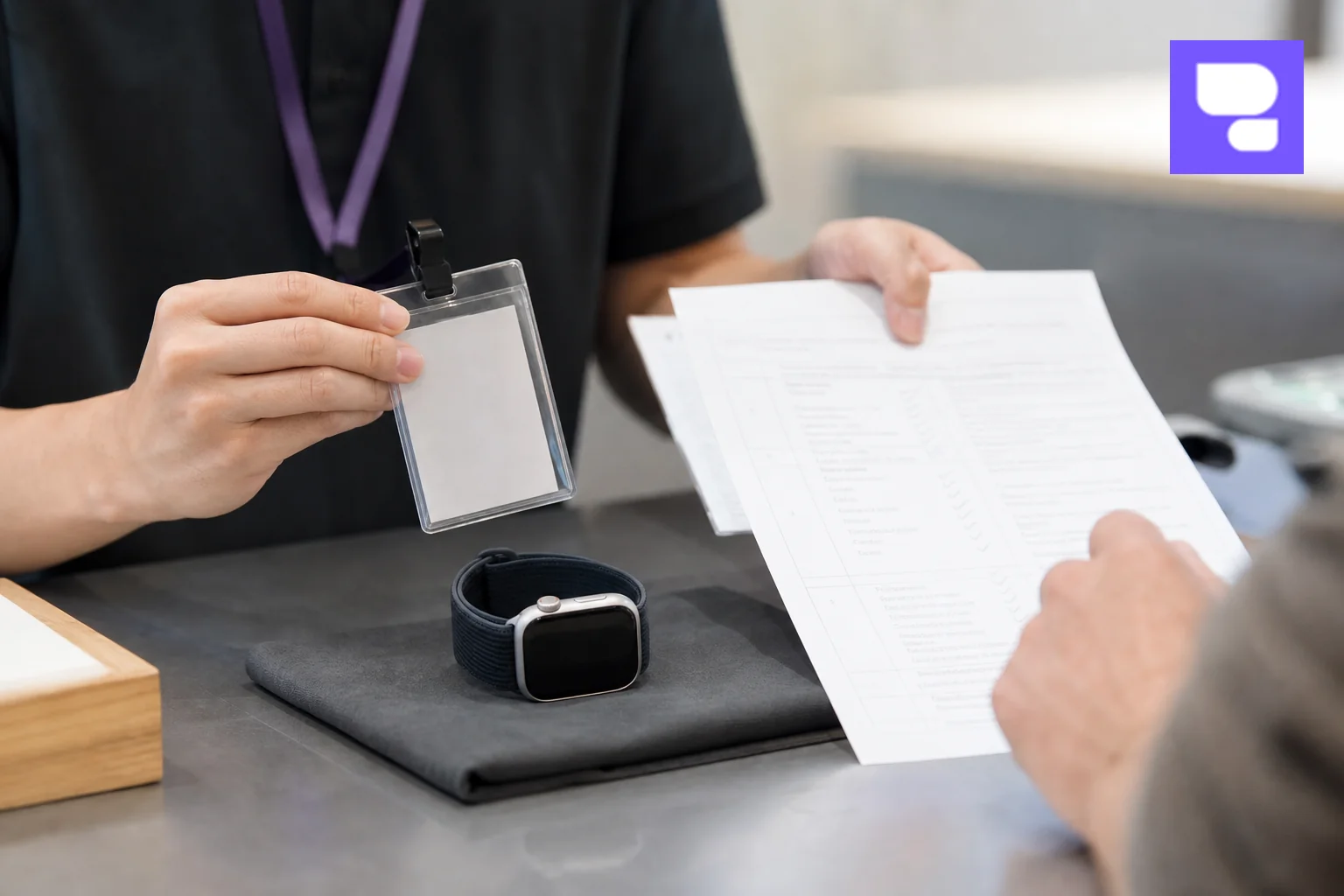 Close-up of a technician verifying identity and showing a repair checklist before starting work on an Apple Watch. Photorealistic close-up photo of a repair technician's hands holding an identity badge and a printed service checklist next