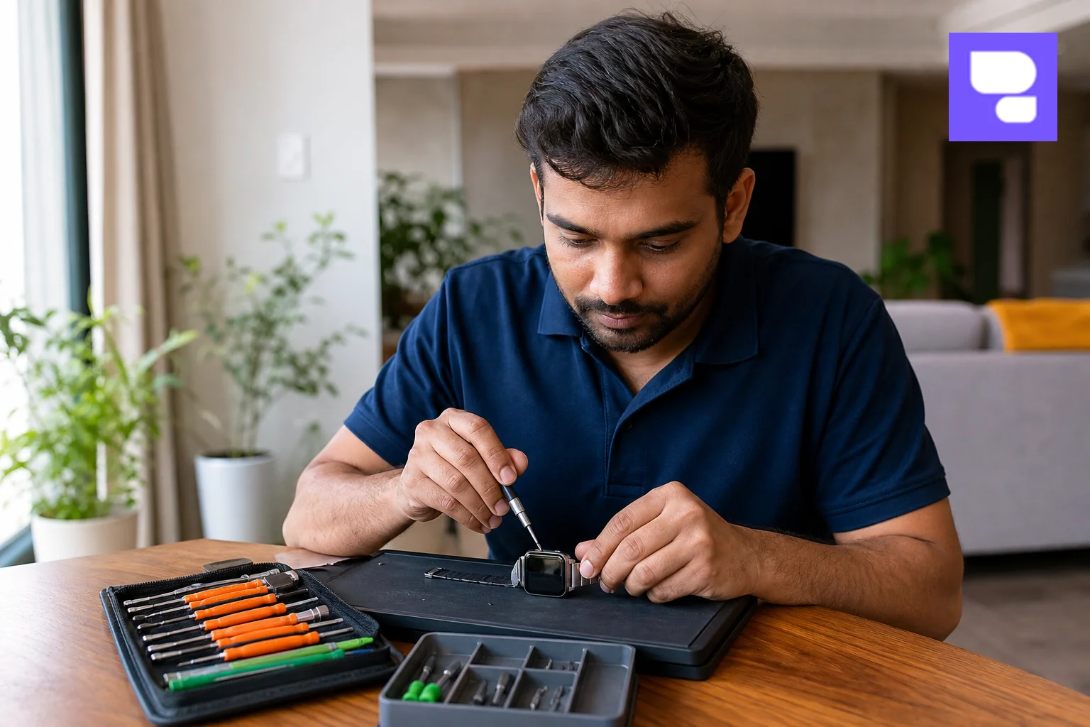 A certified technician repairing an Apple Watch at a customer's home in Bangalore. Photorealistic photo of a professional repair technician in a branded polo shirt carefully repairing a silver Apple Watch on a small portable workstation
