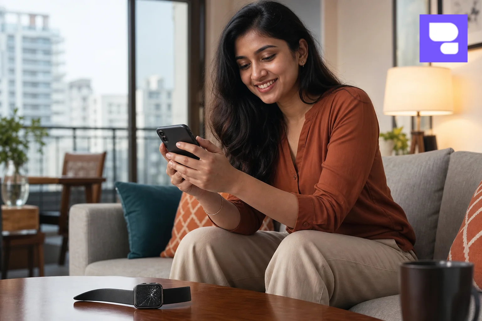 A young professional booking a doorstep Apple Watch repair service on a smartphone. Photorealistic photo of a young Indian professional woman sitting on a couch in a bright Bangalore apartment, smiling while booking a repair service on her