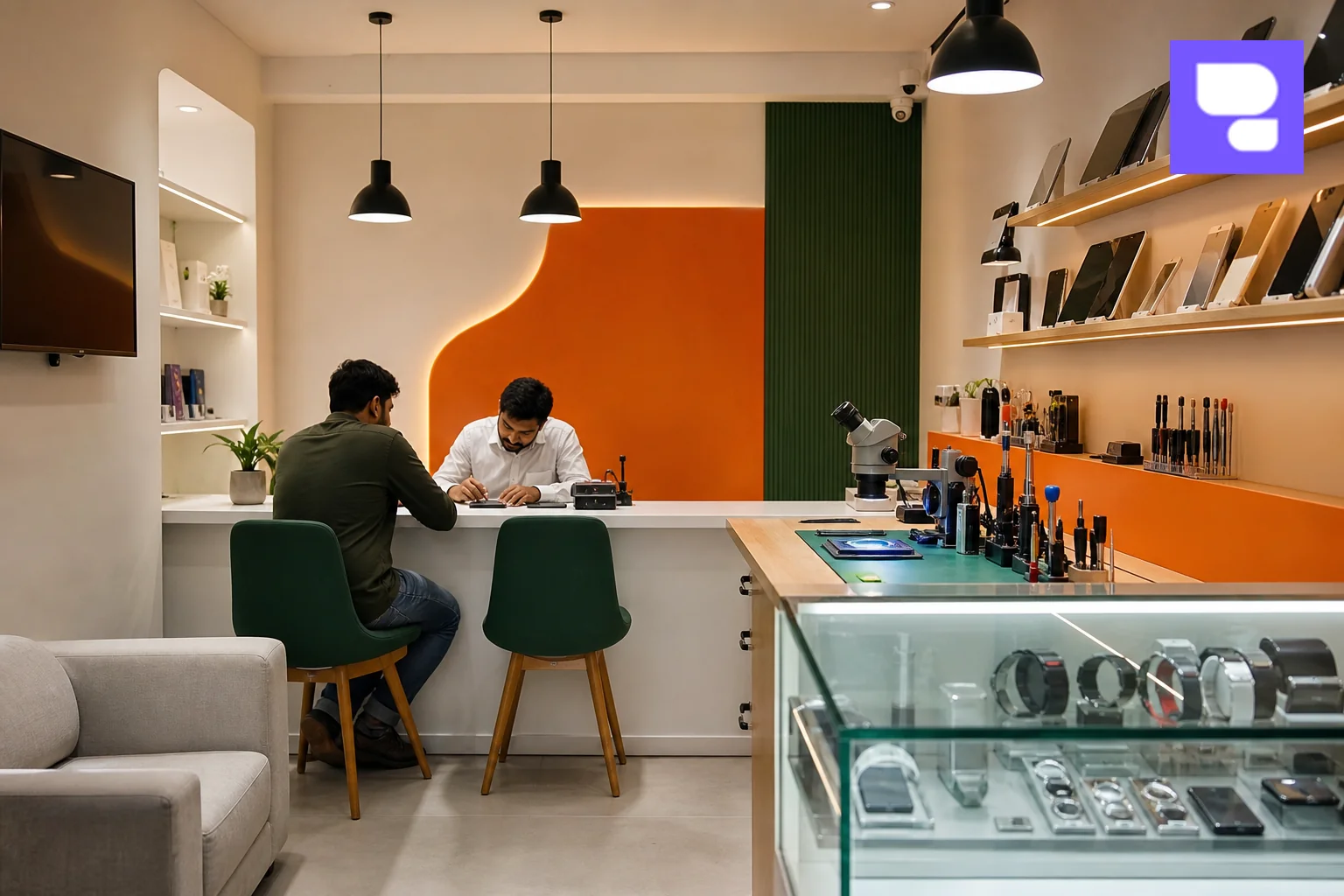 Photorealistic wide photo composition showing a small, modern independent Apple device repair store interior in Bangalore with a service counter and watch repair tools displayed under warm lighting, clean minimal design with orange and