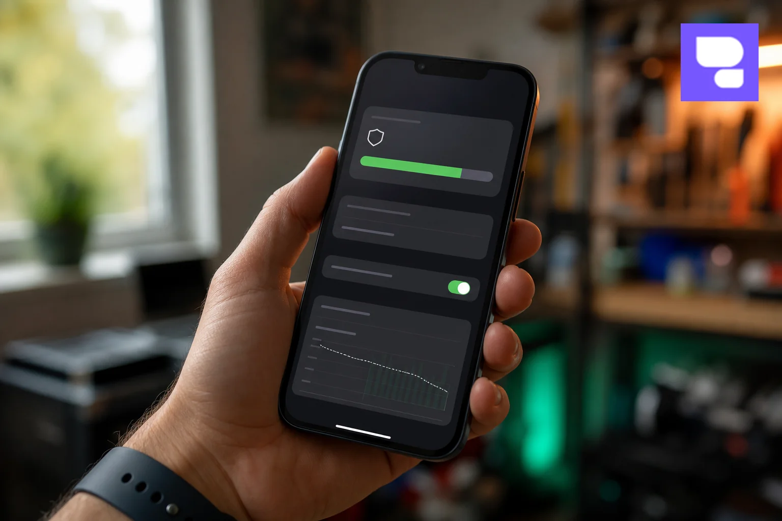 Close-up of iPhone 13 showing battery health percentage screen with technician hand nearby. Photorealistic close-up photograph of a hand holding an iPhone 13 in matte textured back glass, screen displaying a battery health interface, soft