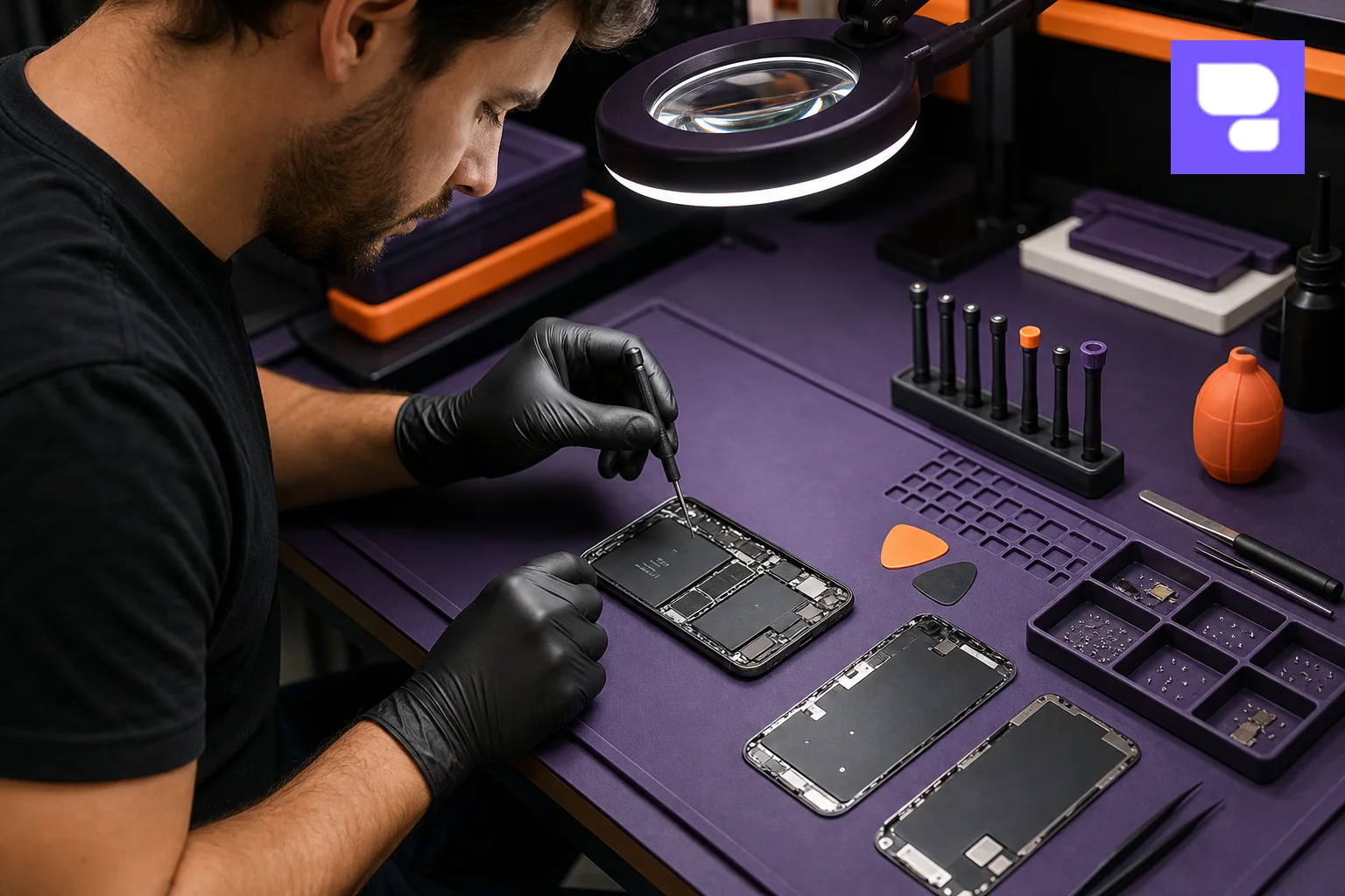 Certified technician performing precise battery replacement on iPhone with professional tools. Photorealistic photograph of a certified Apple device repair technician wearing gloves, using precision anti-static tools to carefully replace an