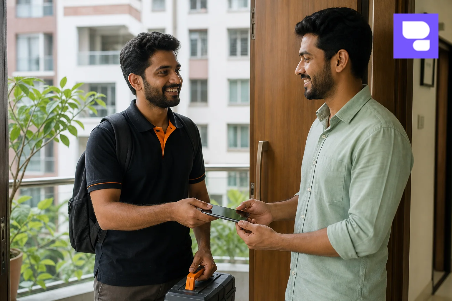Technician arriving at customer's home/office in Bangalore for doorstep iPhone repair. Photorealistic photograph of a friendly technician in branded uniform arriving at a modern Bangalore apartment doorway carrying a compact repair toolkit