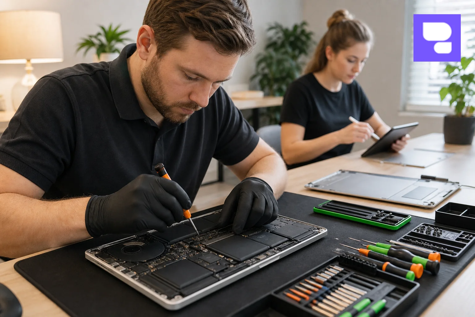 Technician repairing a MacBook keyboard and logic board at a customer's home office desk. photorealistic photo of a certified repair technician using precision screwdrivers to disassemble a MacBook on a home office desk, laptop parts neatly