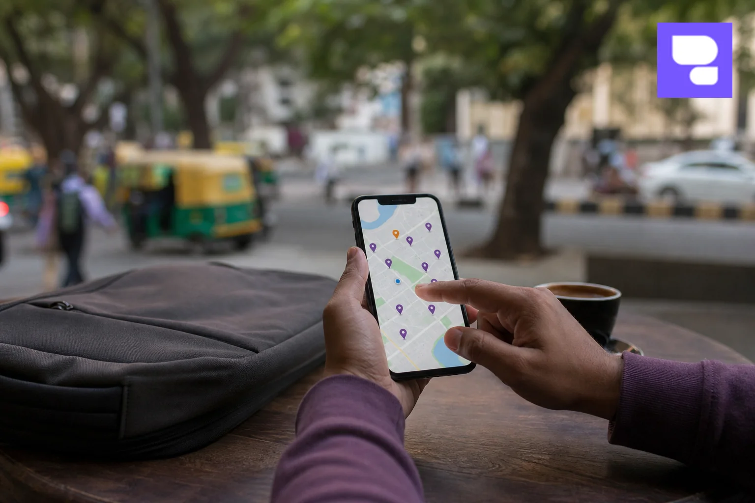 Close up of hands searching MacBook repair on a smartphone map app, illustrating the near me search confusion. photorealistic photo of a person's hands holding a smartphone showing a map application with multiple location pins, sitting at a