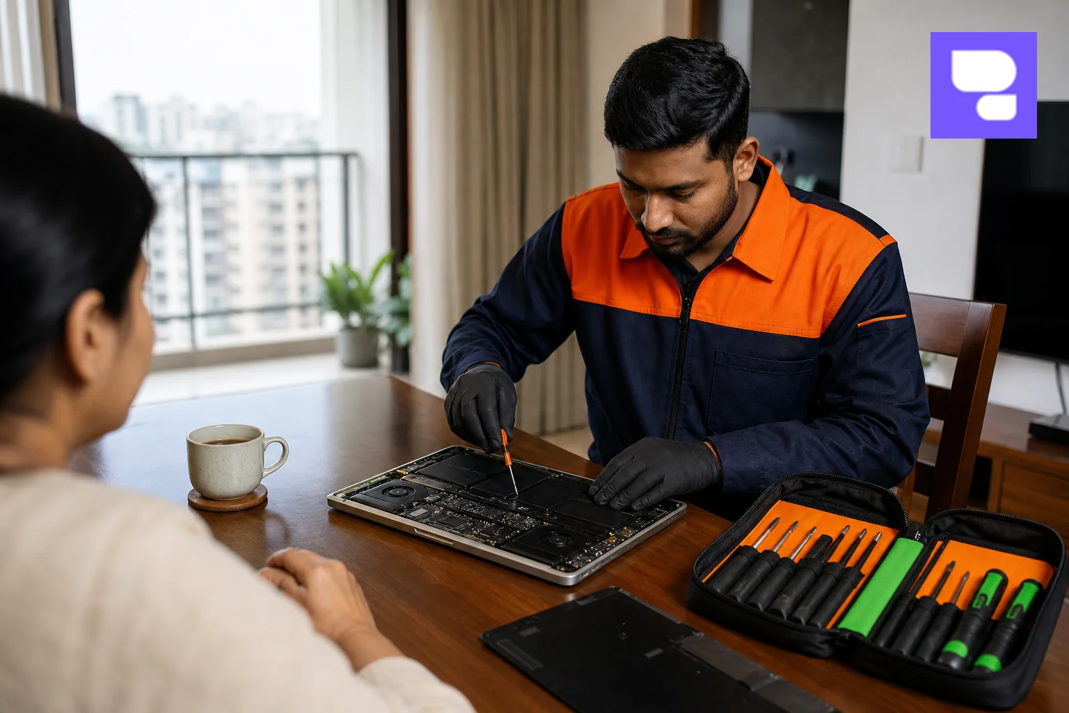 Certified technician performing doorstep MacBook repair at a customer's home in Bangalore. photorealistic photo of a professional Apple device repair technician wearing a branded orange and dark navy uniform, carefully repairing an open