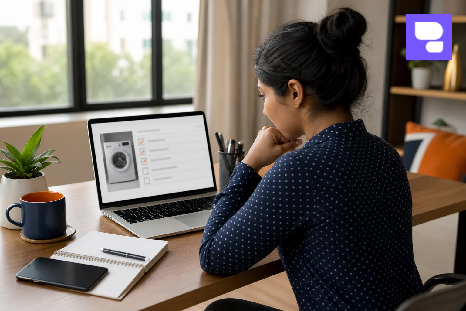 Checklist concept image showing a customer reviewing a repair service checklist on a laptop before booking. photorealistic photo of a young professional woman sitting at a home desk in Bangalore, looking at a laptop screen with a repair