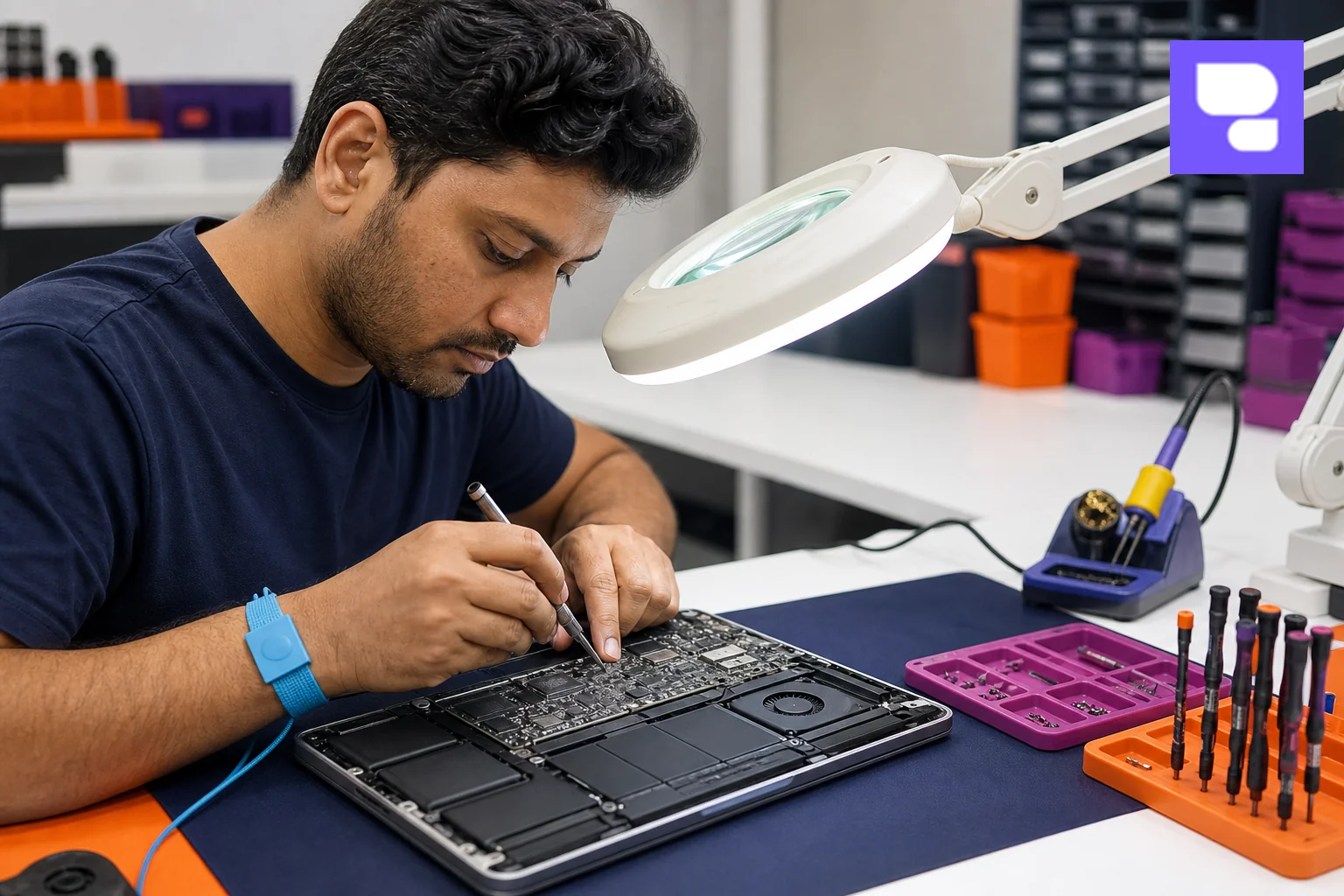 Photorealistic photo of a certified technician performing a professional MacBook logic board or Touch Bar repair at a workbench. Photorealistic photograph of a focused Indian male technician in a clean repair workshop, wearing an
