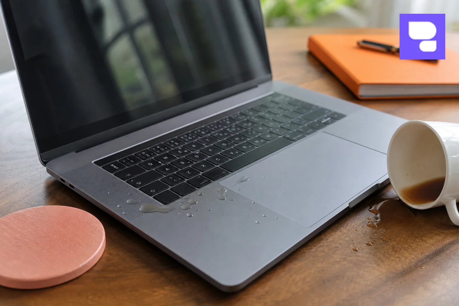 Photorealistic image showing signs of liquid damage near a MacBook keyboard and Touch Bar area. Photorealistic photograph of an open MacBook Pro laptop on a wooden desk, showing a few water droplets near the keyboard and Touch Bar area