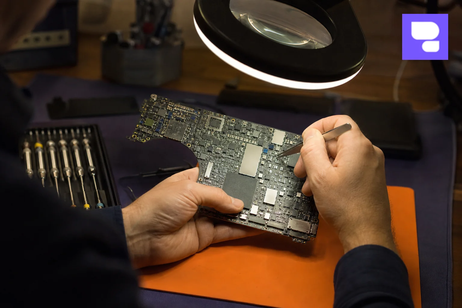 Technician inspecting a MacBook logic board on a workbench. photorealistic close-up photograph of a skilled technician's hands holding a MacBook logic board with tweezers and a magnifying lamp overhead, workbench scattered with micro