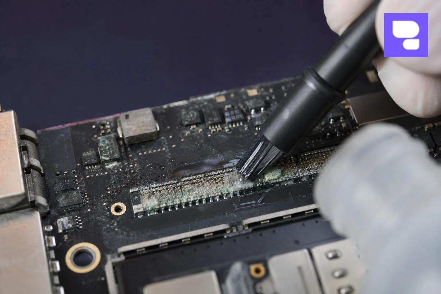photorealistic macro photograph of a corroded MacBook logic board with visible greenish-white oxidation on connector pins, a gloved technician hand using an ultrasonic cleaning brush and isopropyl alcohol, soft diffused lighting, dark