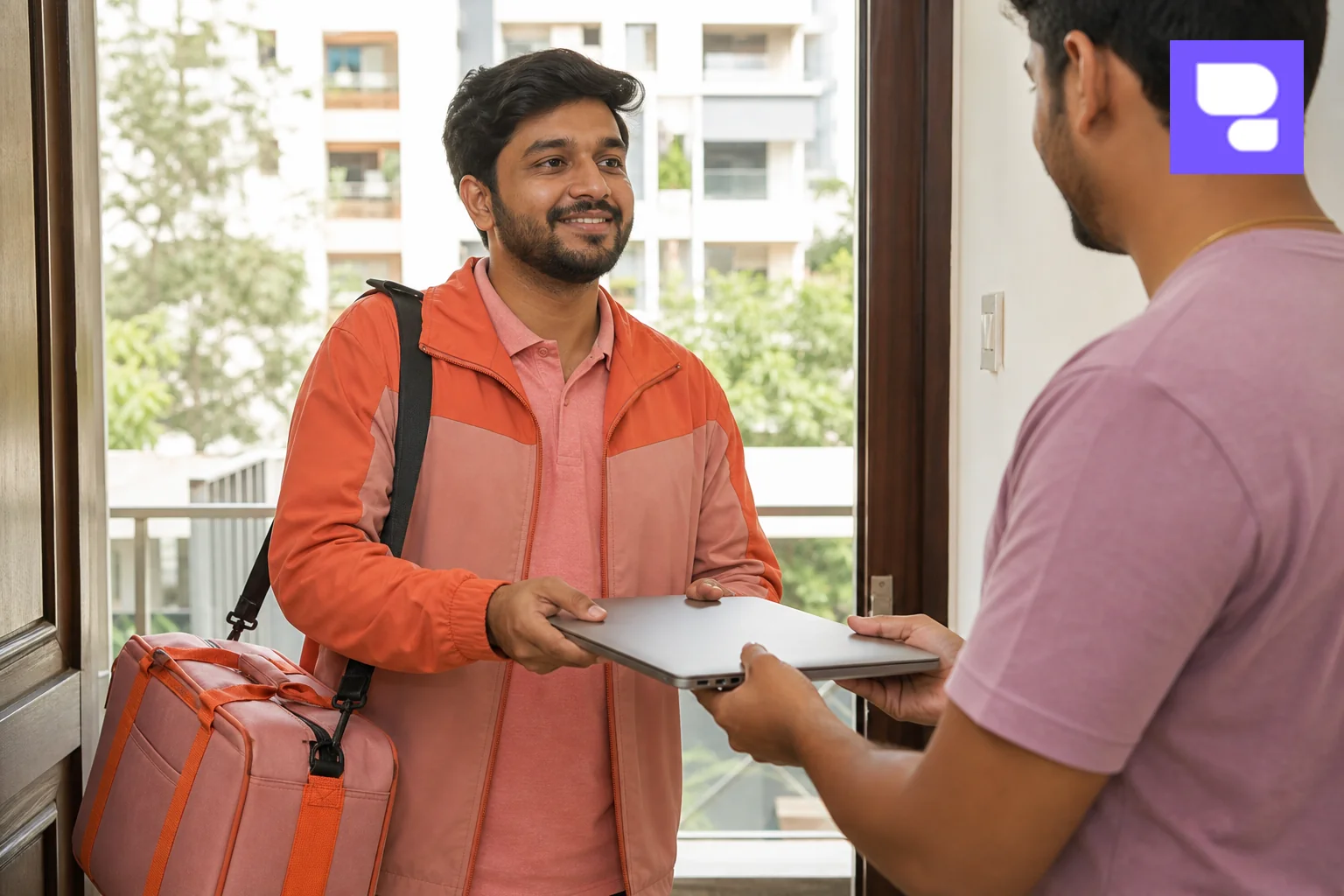 Technician arriving at a customer's home in Bengaluru with a repair kit. photorealistic photograph of a friendly Apple device repair technician at a customer's apartment door in Bengaluru holding a branded toolkit bag, customer handing over