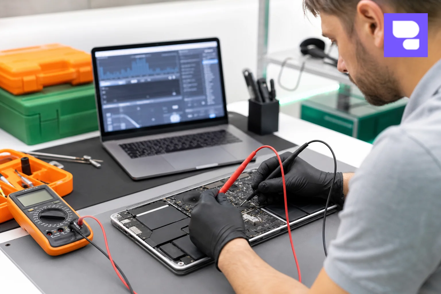 Technician using diagnostic tools and multimeter on MacBook. photorealistic photograph of a repair technician using a digital multimeter probe on a MacBook logic board while a laptop screen in the background shows a diagnostic software