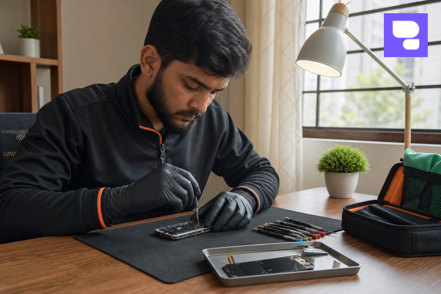 Technician performing precision iPhone screen repair at a customer's home in Bengaluru. Photorealistic photo: a certified technician wearing a HelloRe uniform carefully disassembling an iPhone on a clean microfiber mat at a customer's home
