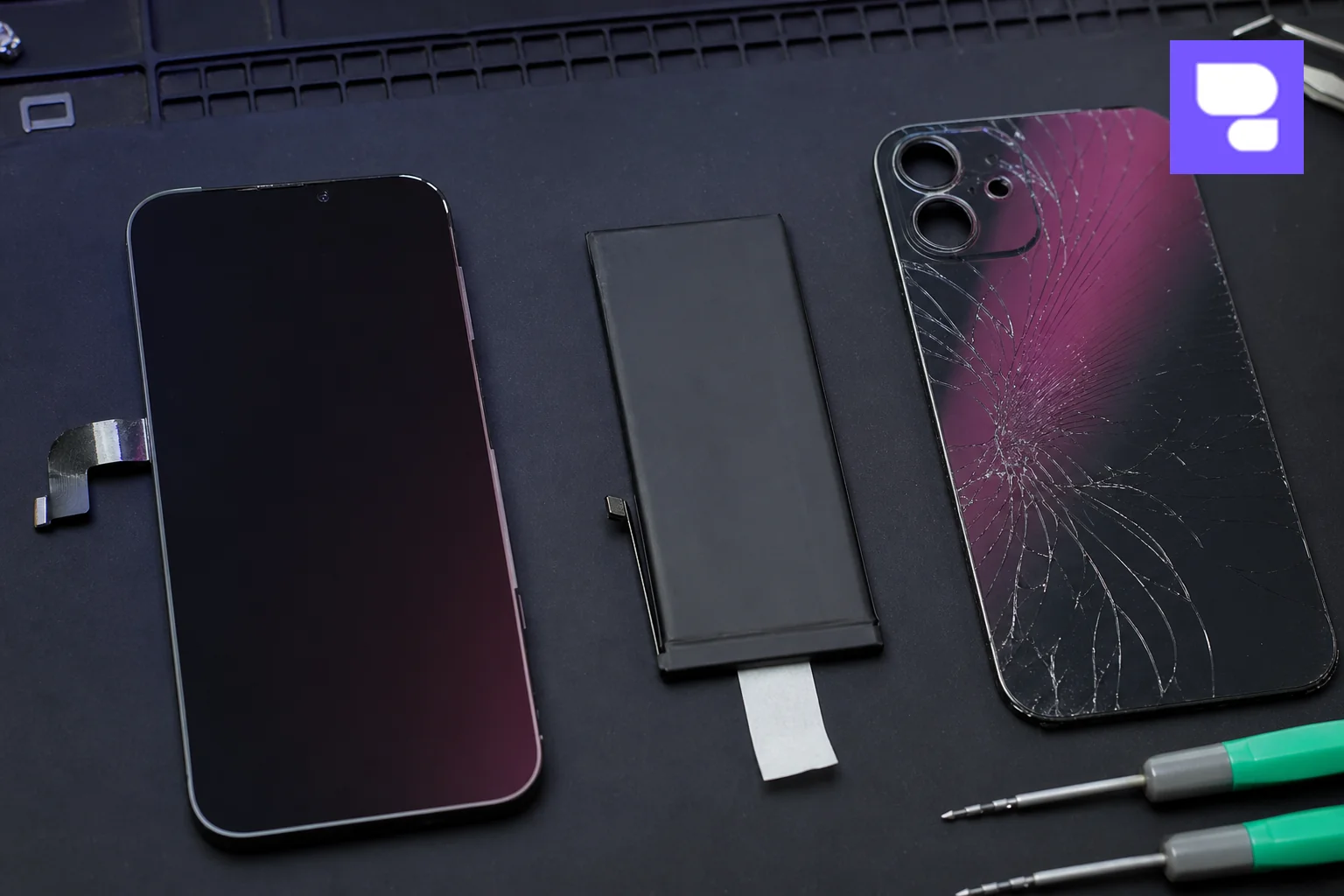 Close-up of disassembled iPhone showing OLED panel, battery, and back glass components. Photorealistic photo: macro close-up of iPhone internal components laid out on an anti-static mat, showing a Super Retina OLED display panel, a