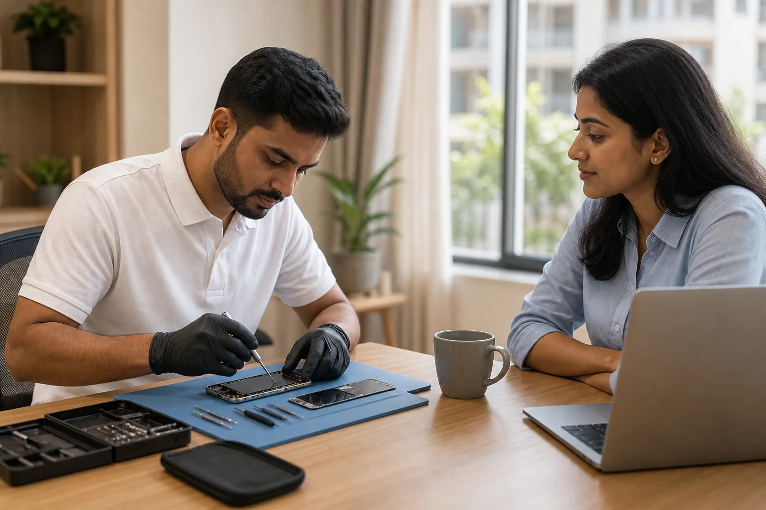HelloRe technician repairing an iPhone at a customer's home office in Bangalore