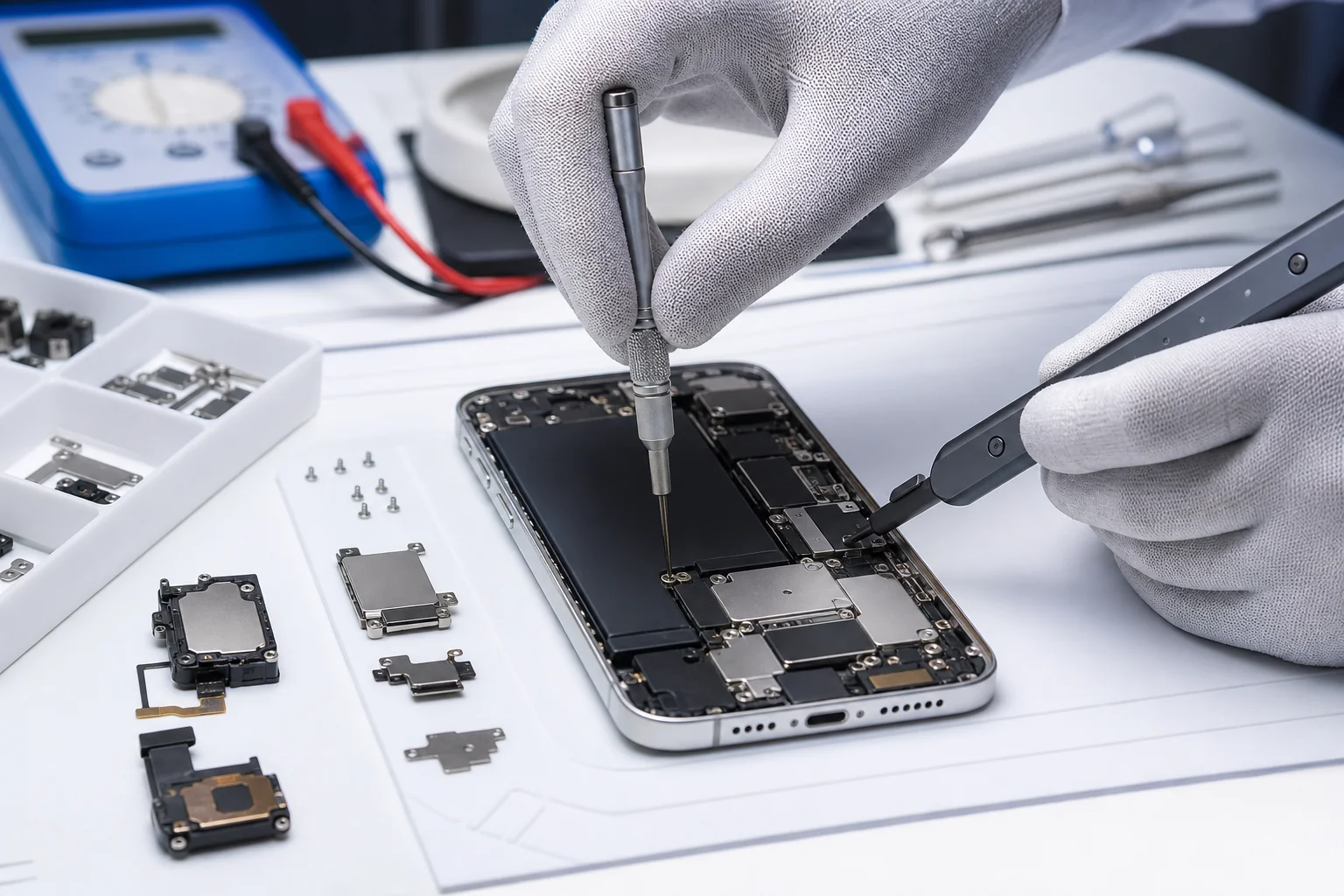 HelloRe technician performing a free on-site iPhone diagnostic with precision tools