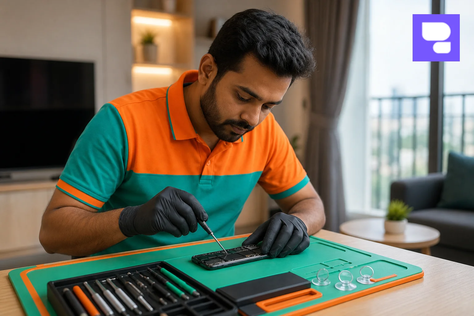 A certified technician performing precision iPhone repair at a doorstep setting in Bangalore. Photorealistic close-up photo of a focused Apple device repair technician in a clean orange and teal branded polo shirt, using precision tools to