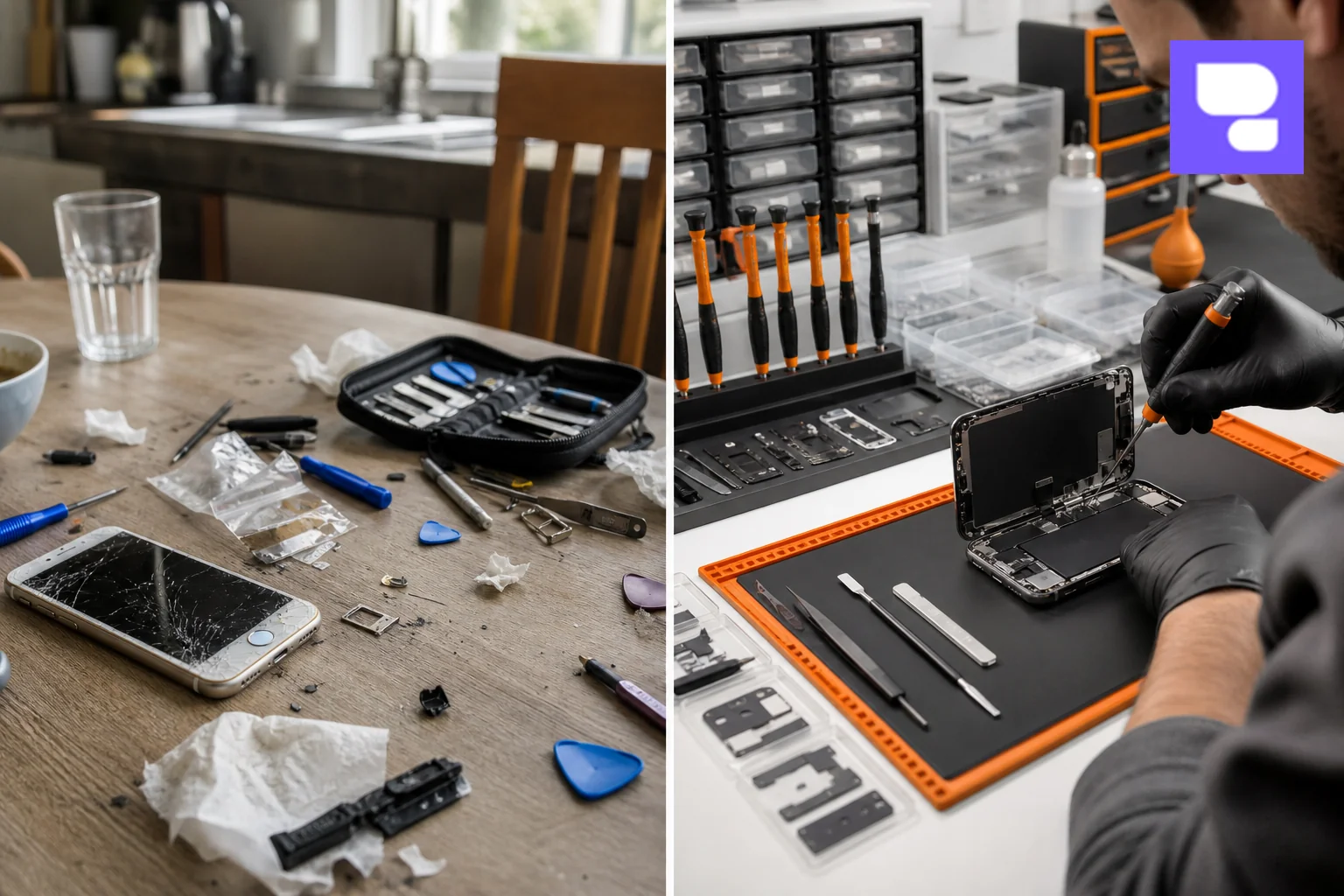 Split visual contrast of messy DIY repair kit versus organized professional repair setup. Photorealistic split-composition photograph, left side shows a cluttered home DIY phone repair attempt with a cracked iPhone screen, generic tools