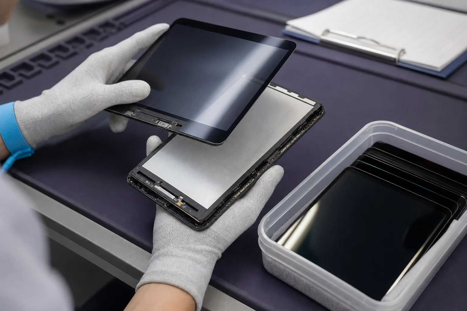 Close-up of a technician handling a tablet with care, emphasizing certified parts and secure handling process. photorealistic close-up photograph of gloved hands holding a disassembled tablet screen and a small container of genuine-looking