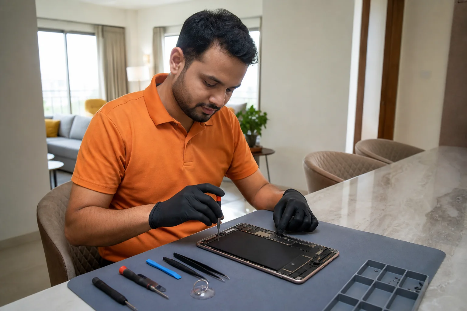 A certified technician performing an iPad screen repair at a customer's home in Bangalore, showing the doorstep service in action. photorealistic photo of a professional Apple device repair technician wearing a branded polo shirt in soft