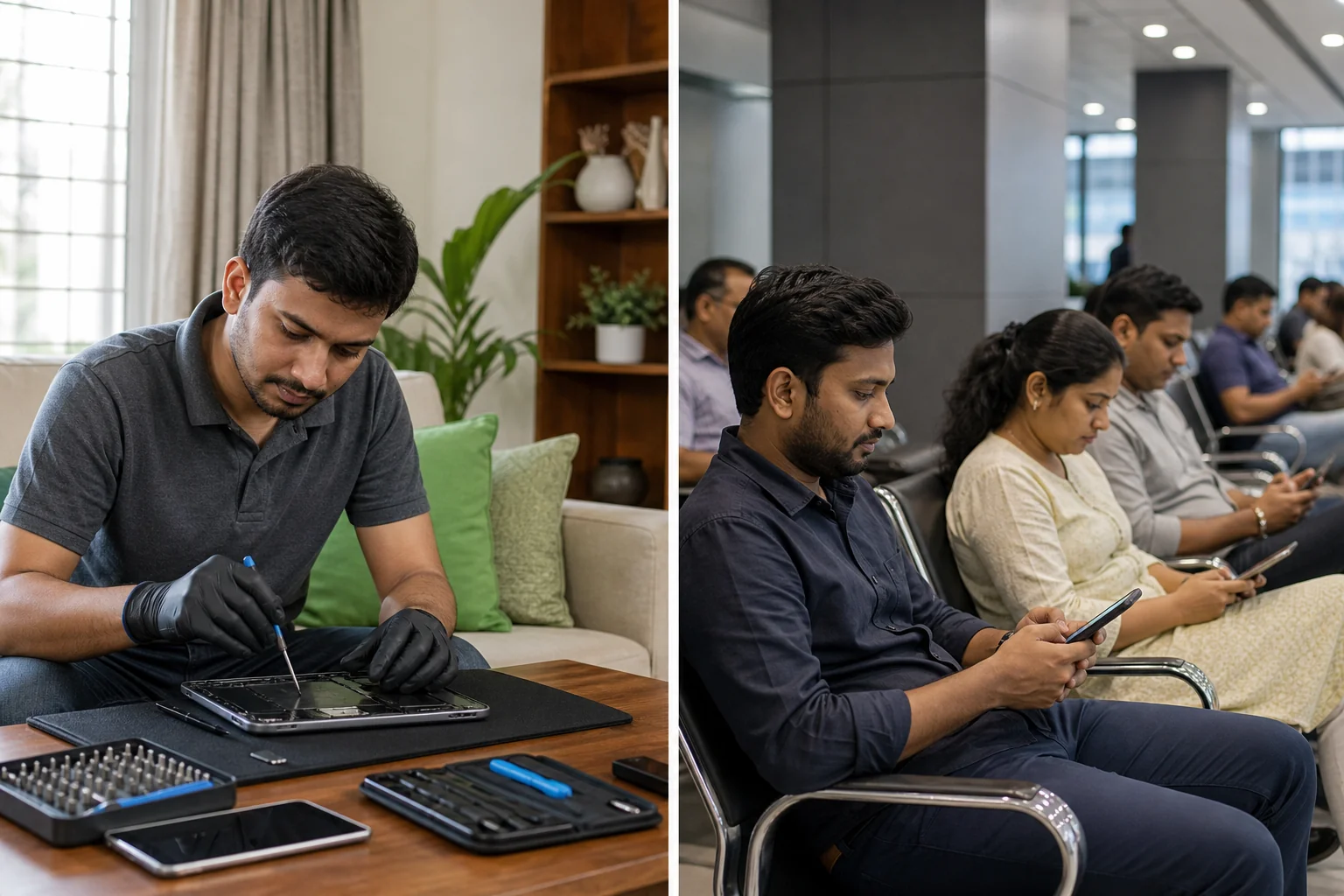 A split visual contrasting a relaxed doorstep repair setup at home versus a crowded waiting area at a service center. photorealistic split-scene photograph, left side shows a calm home setting in Bangalore with a technician repairing a