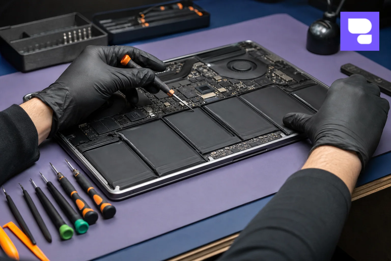 Technician inspecting the underside and hinge area of an opened MacBook for battery swelling. Photorealistic close-up photo of a certified repair technician's gloved hands inspecting the internal battery and logic board of a disassembled