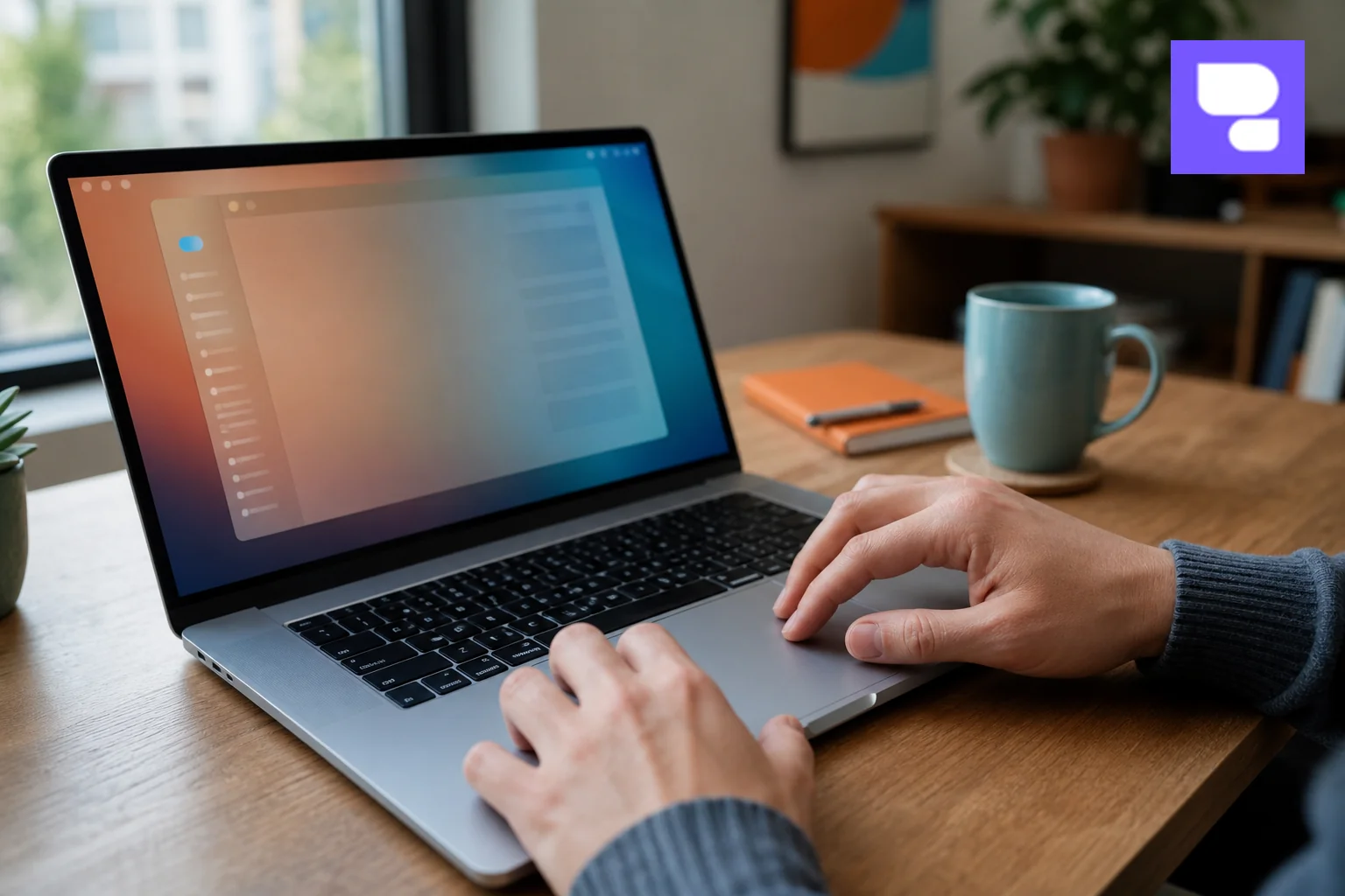 Close-up of hands troubleshooting a MacBook trackpad at a home desk. Photorealistic close-up photo of a person's hands resting on a MacBook trackpad on a wooden desk, natural daylight from a window, laptop screen showing a system
