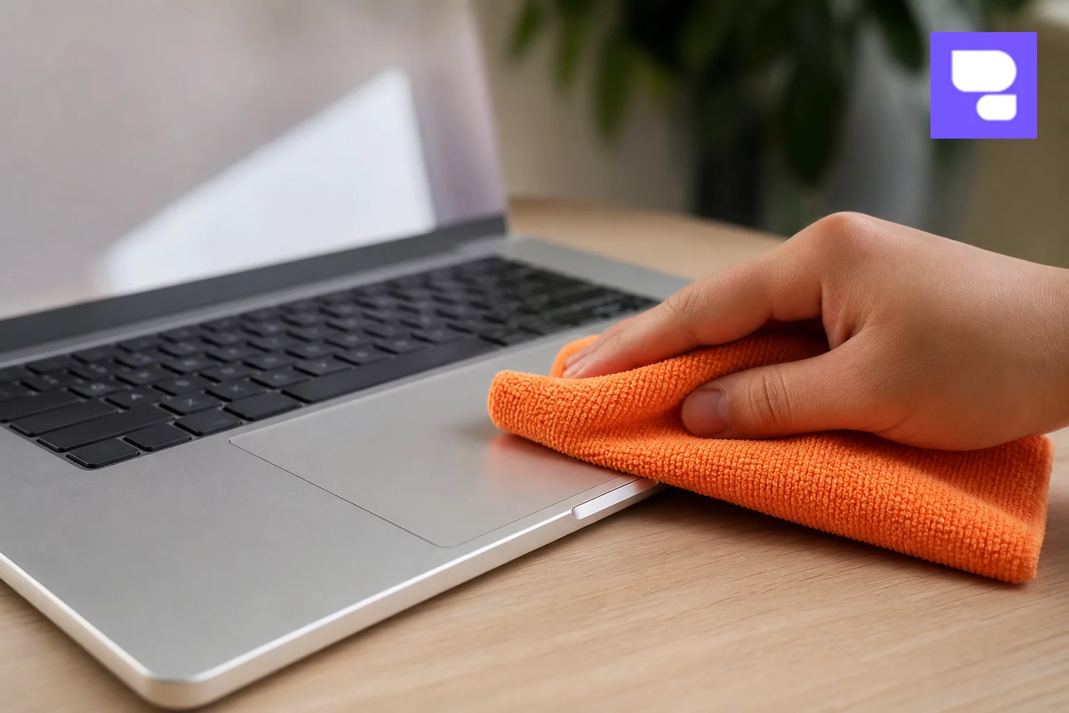 Cleaning a MacBook trackpad with a microfiber cloth. Photorealistic photo of a hand gently wiping a MacBook trackpad surface with a soft microfiber cloth in orange color, laptop placed on a light wooden table, soft studio lighting