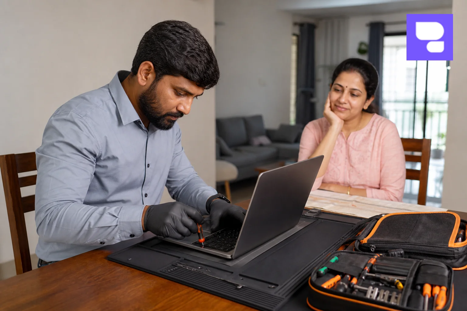 A certified technician performing a doorstep MacBook repair visit in Bengaluru for a customer. Photorealistic photo of a professional Apple device repair technician wearing a collared shirt, sitting at a customer's home dining table in an