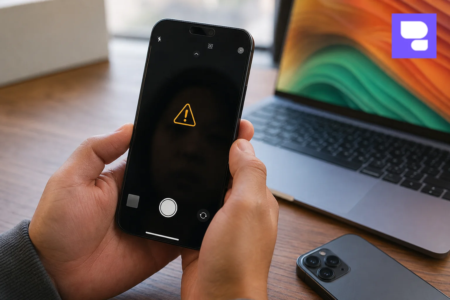 Close-up of an iPhone showing a camera error, held by a user troubleshooting. photorealistic close-up photo of a person's hands holding an iPhone displaying a dark camera app screen with a warning icon, indoors on a wooden desk, soft