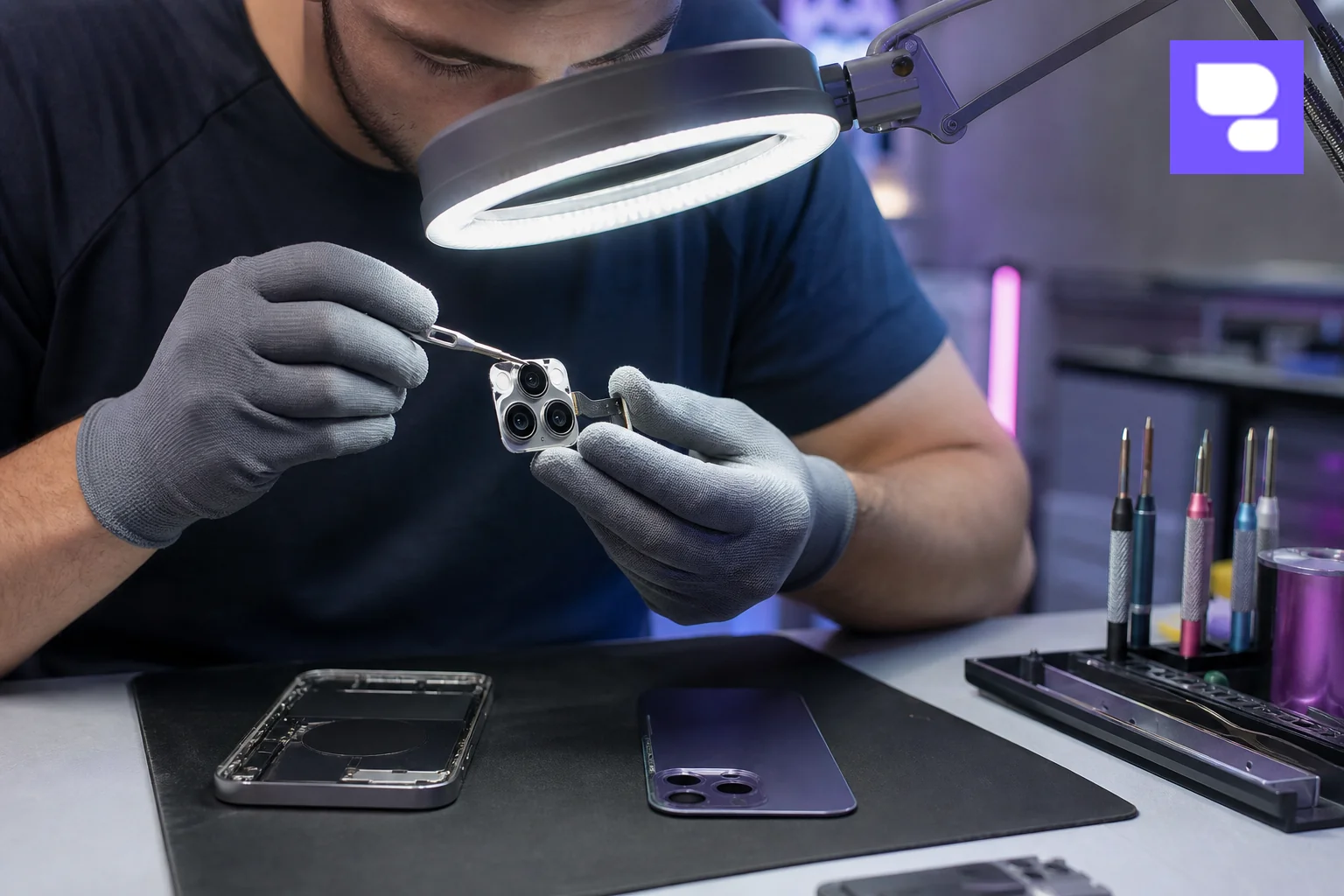 Technician inspecting iPhone camera module under magnification. photorealistic photo of a certified repair technician in a clean workshop inspecting an iPhone's rear triple-camera module through a magnifying lamp, wearing anti-static