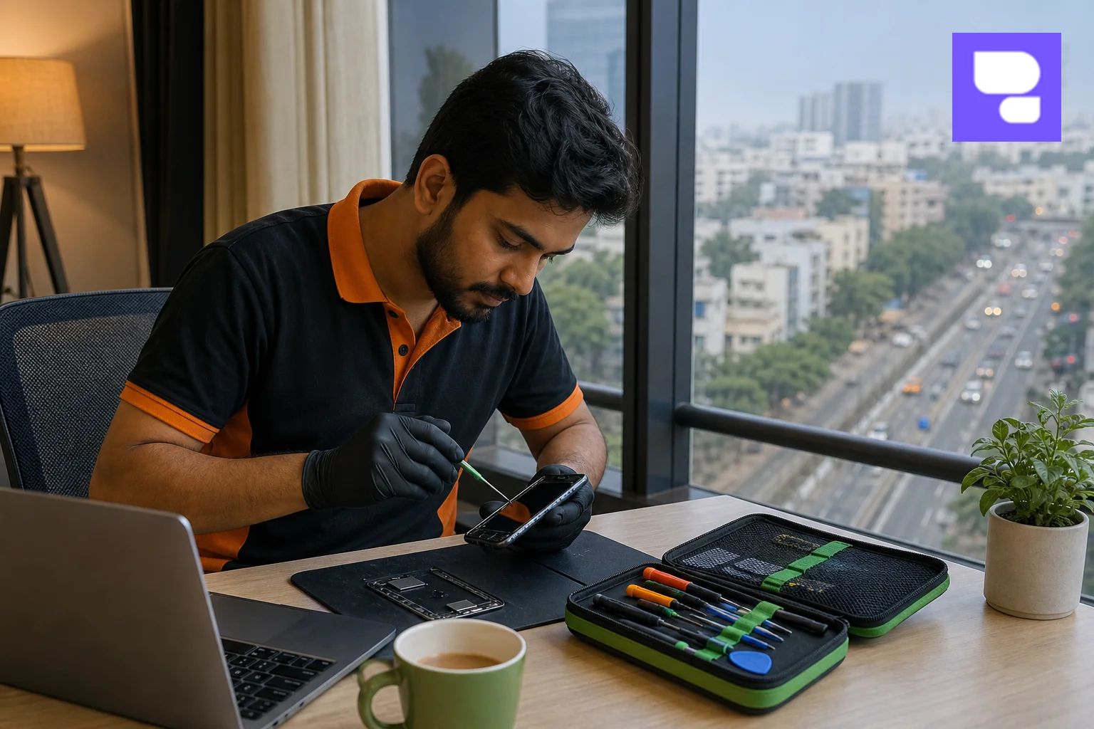 HelloRe technician performing doorstep iPhone repair in a Bangalore home/office setting. photorealistic photo of a professional mobile repair technician sitting at a client's home office desk in Bangalore, repairing an iPhone with a small