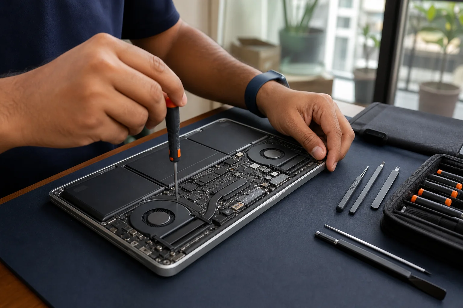 Close-up of technician diagnosing MacBook logic board and internal components on-site. Photorealistic close-up photo of a repair technician's hands using a screwdriver to open the back panel of a silver MacBook laptop, internal circuit