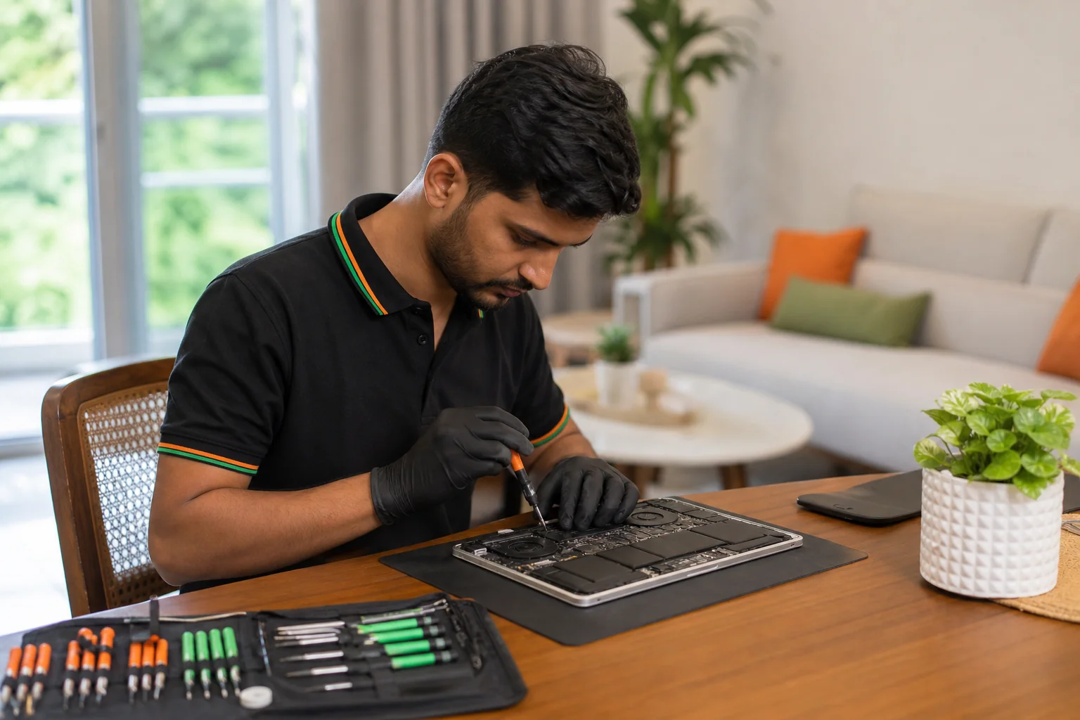 A certified technician performing MacBook repair at a customer's home in Bangalore. Photorealistic photo of a professional Apple device repair technician wearing a branded polo shirt, sitting at a wooden dining table in a modern Bangalore