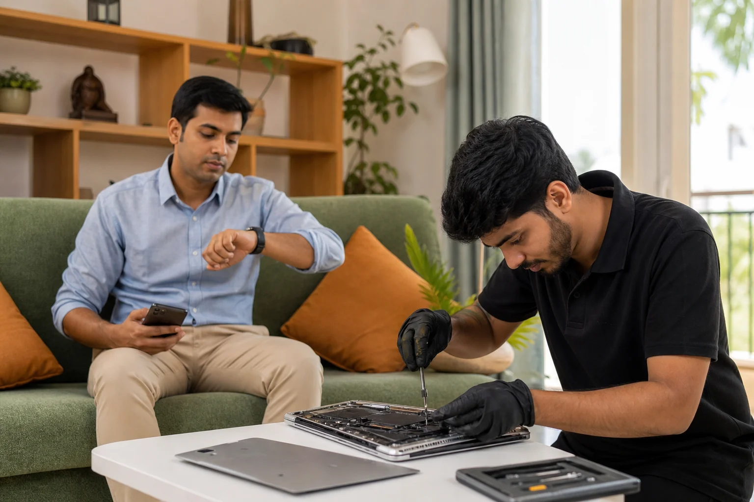 A busy Bangalore professional working on a laptop while a technician completes a quick repair nearby, showing convenience and speed. Photorealistic photo of a young working professional in business casual attire sitting on a couch in a hurry mode.