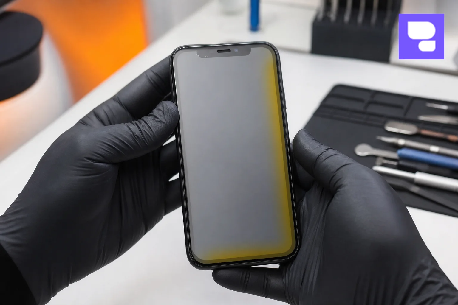 Close-up of an iPhone XR with a discolored yellow-tinted screen edge being inspected by a technician's gloved hands. photorealistic close-up photograph of a technician's gloved hands holding an iPhone XR showing a visible yellow-tinted