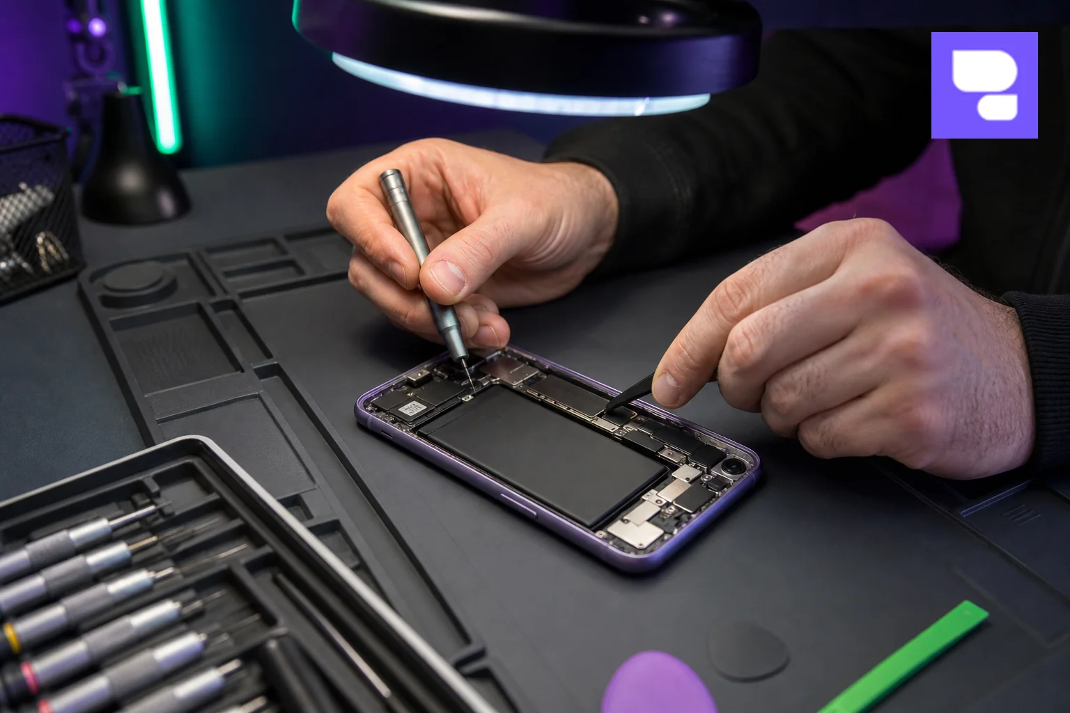 Technician disassembling an iPhone with precision tools, showing internal components like battery and connectors. photorealistic photograph of a certified repair technician using precision screwdrivers and a spudger to open an iPhone XR on