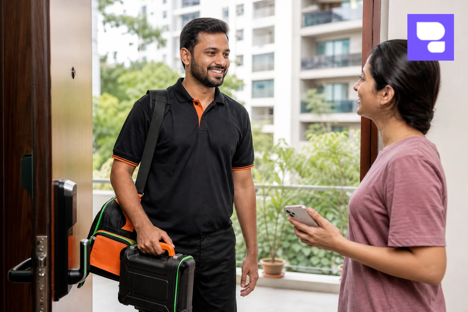 A technician arriving at a customer's home or office in Bangalore with a repair toolkit, urban Bangalore backdrop. photorealistic photograph of a friendly repair technician in branded uniform arriving at a modern Bangalore apartment