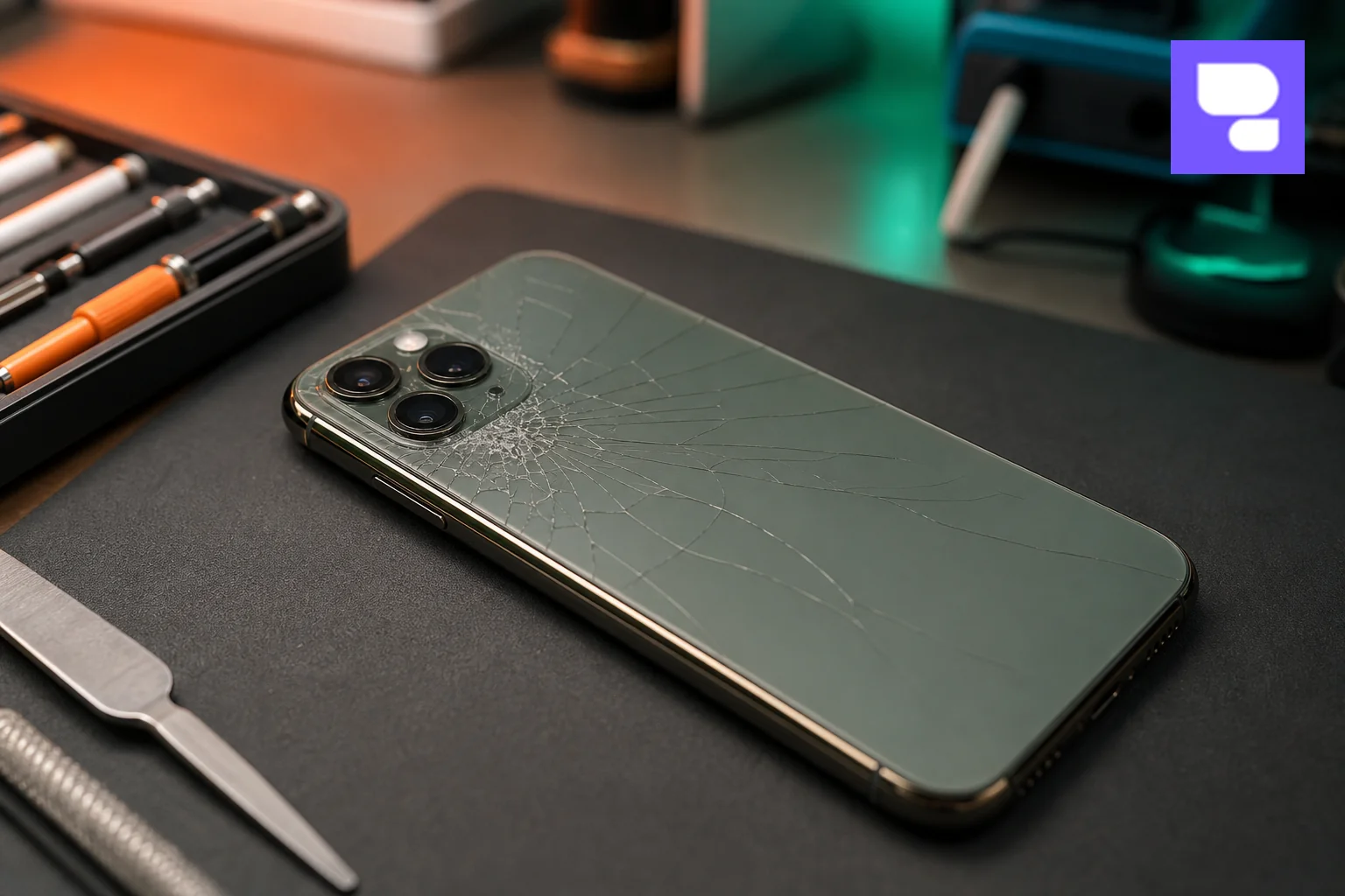 Close-up of a cracked iPhone 11 Pro Max back glass panel showing the triple camera and spiderweb crack pattern, on a technician's workbench. Photorealistic close-up photograph of a gold/midnight green iPhone 11 Pro Max lying face-down on a