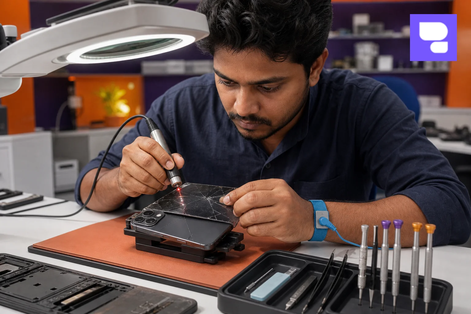 Certified technician using precision tools to remove damaged back glass from an iPhone using laser equipment. Photorealistic photograph of a focused Indian repair technician wearing an anti-static wrist strap, using a small precision laser