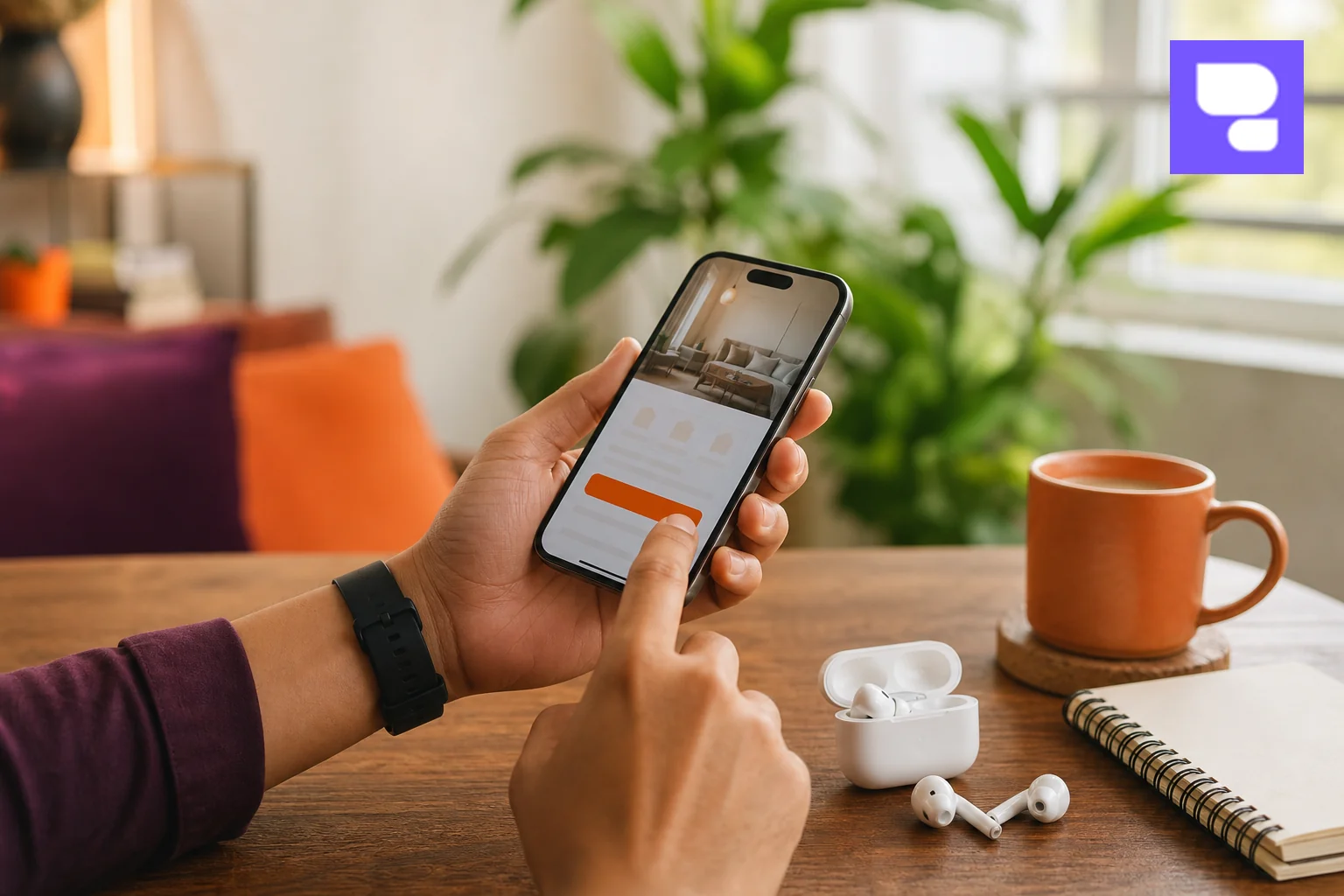 Close-up of a person booking a repair service on a smartphone app while AirPods case sits on the table. Photorealistic close-up photo of a young professional's hands holding a smartphone and tapping on a booking screen, an Apple AirPods