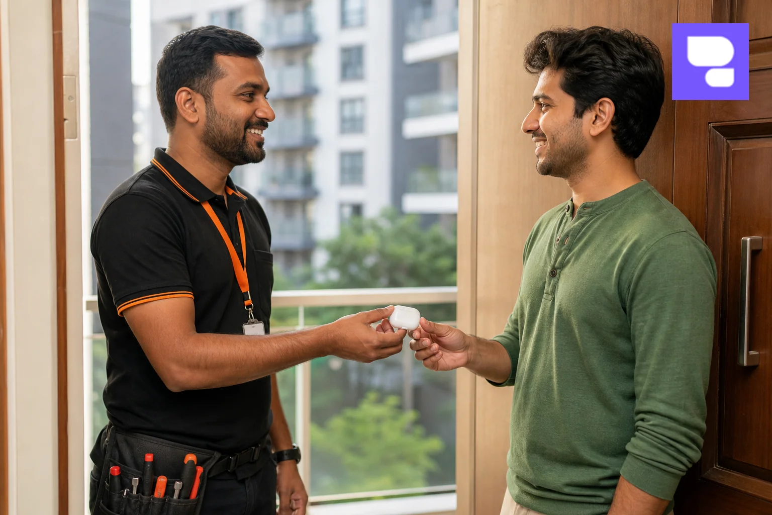 Side-by-side feel of convenience: a technician handing back a repaired AirPods case to a happy customer at their doorstep. Photorealistic photograph of a friendly repair technician handing over a repaired white Apple AirPods case to a