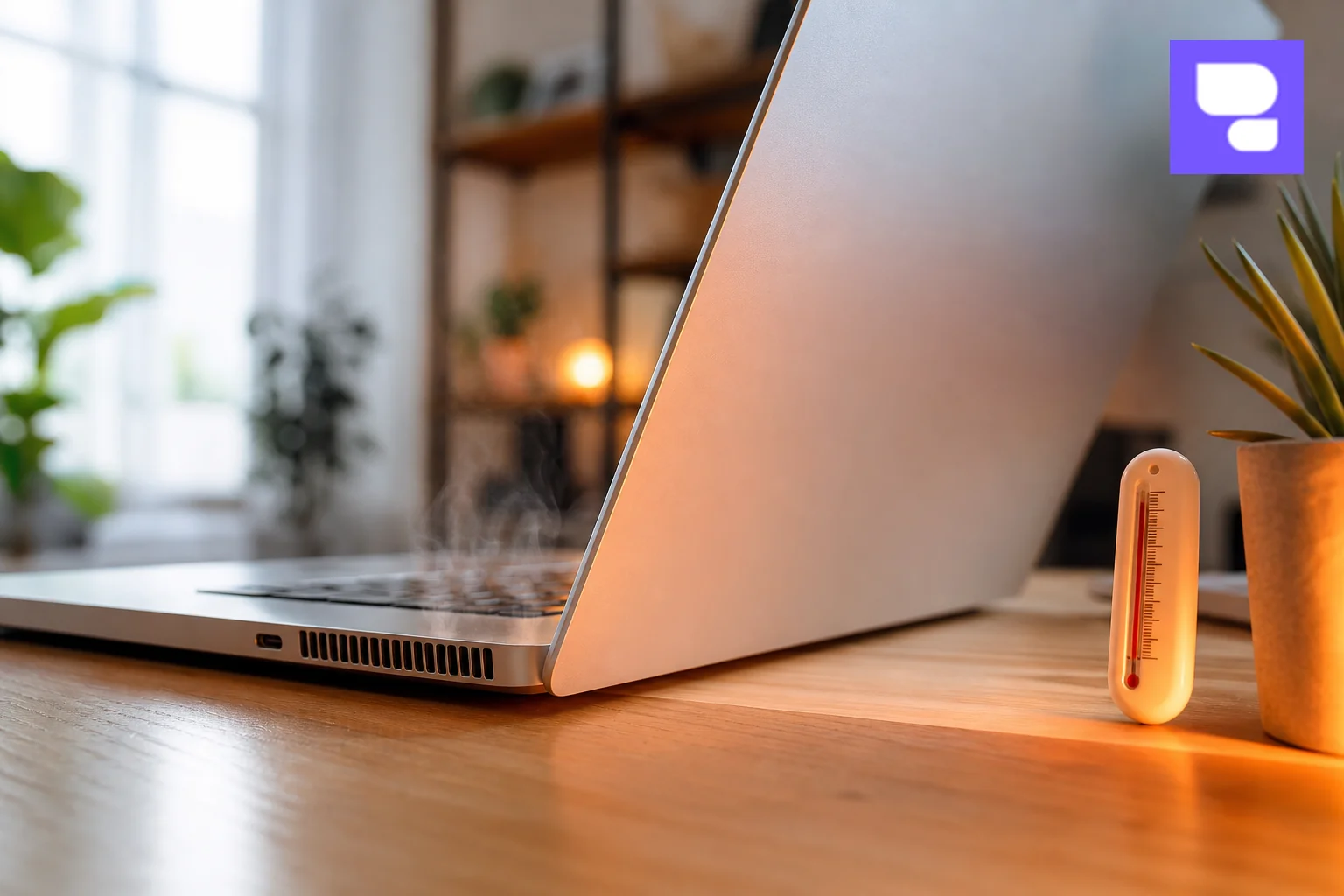 A warm, close-up photo of a MacBook running hot with visible fan vents, set in a home workspace. photorealistic close-up photograph of a silver MacBook laptop placed on a wooden desk in a bright home office, side vent visible with subtle