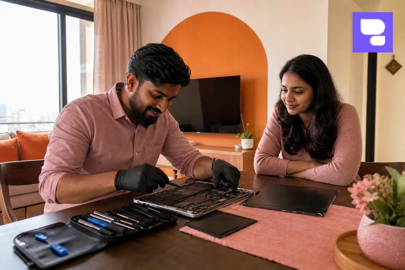 A certified technician performing a doorstep MacBook repair at a customer's home or office in Bengaluru. photorealistic photograph of a friendly certified technician performing a doorstep MacBook repair on a client's dining table in a