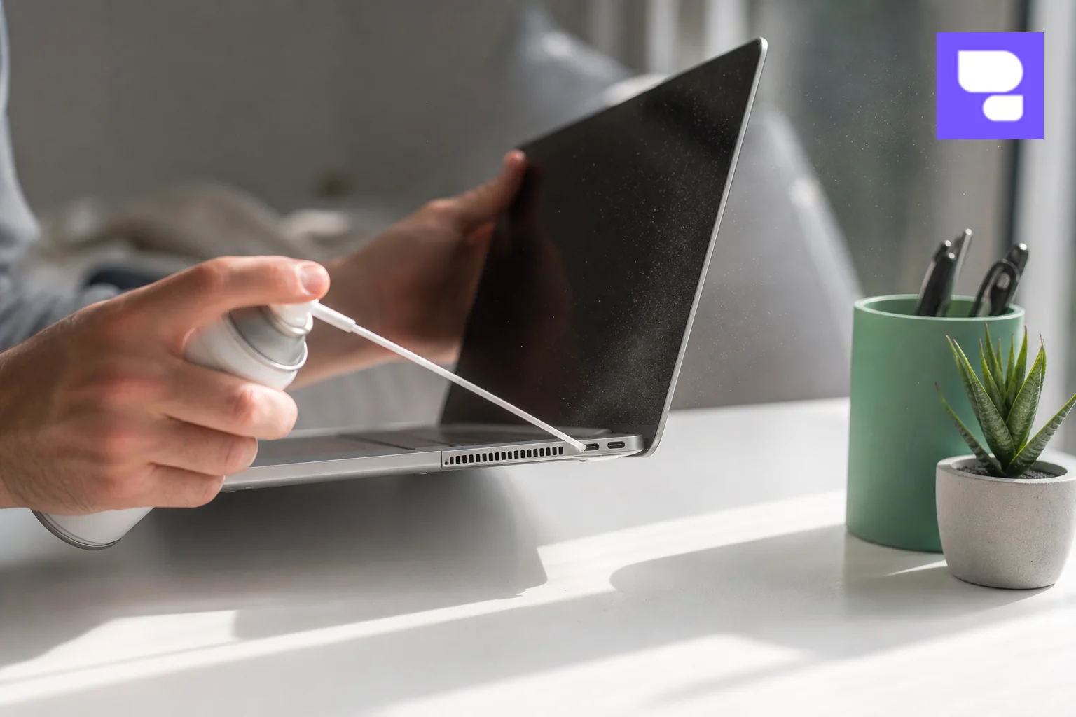 Someone using a can of compressed air to clean the vents of a MacBook on a clean desk. photorealistic photograph of a person's hands using a can of compressed air to clean the side vent of a silver MacBook laptop on a clean white desk, dust